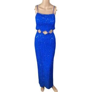 SCALA Vtg Iconic Blue Heavily Beaded Sequin Cut Out Maxi Gown Dress SZ XS